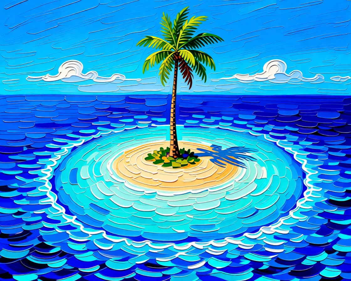 A remote atoll with a single palm tree and a ring of impossibly blue water