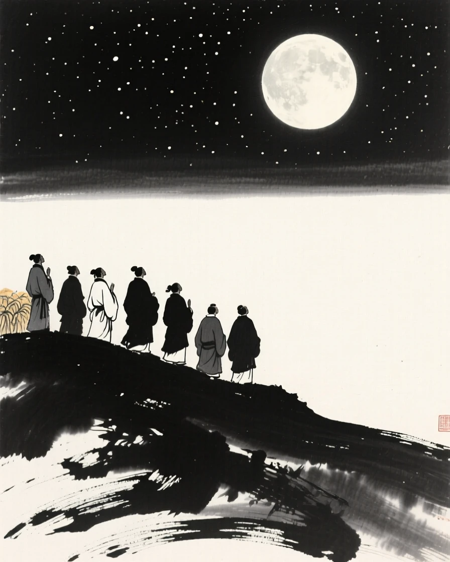 A group gathers on a hillside to watch the rise of the harvest moon, beneath a sky remarkably clear and full of stars.