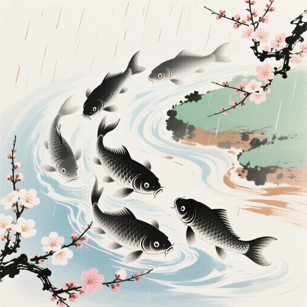 A group of carp swimming upstream against a gentle current, as spring blossoms unfold, carrying a mood of wistful nostalgia, in a gentle drizzle.