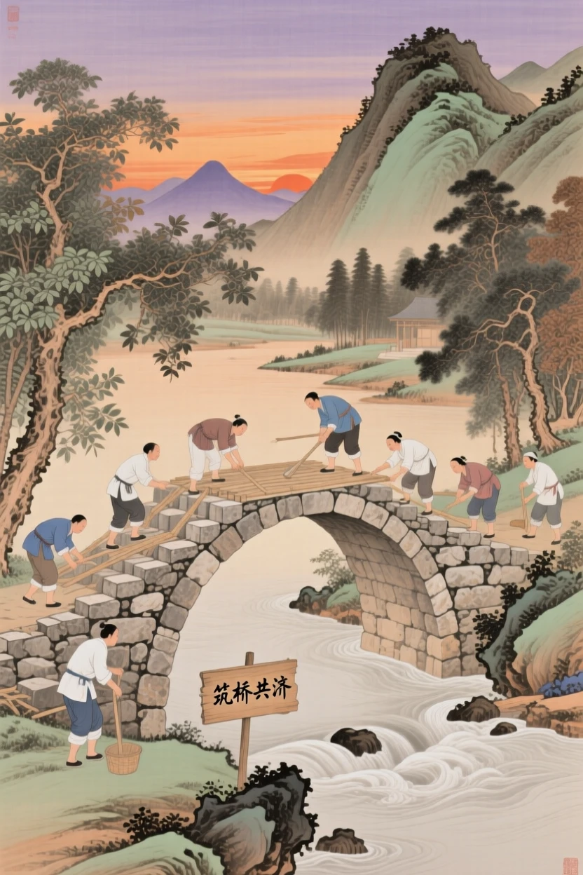Villagers building a stone bridge across a mountain river, as the last light of day fades over the horizon