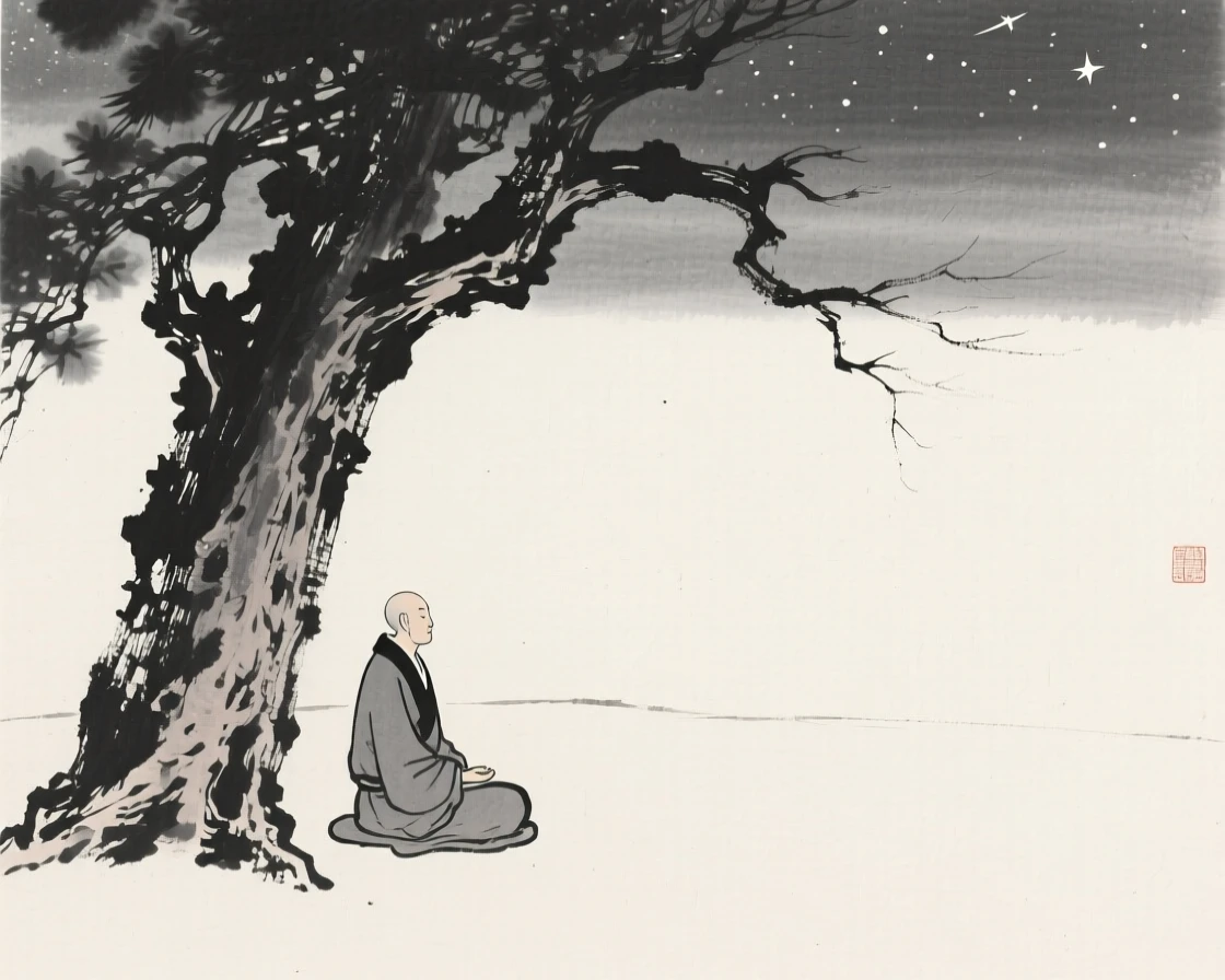 A solitary figure meditating beneath an old tree beneath a canopy of quiet stars, composed with vast open space to emphasize solitude, evoking deep introspection and quiet solitude.