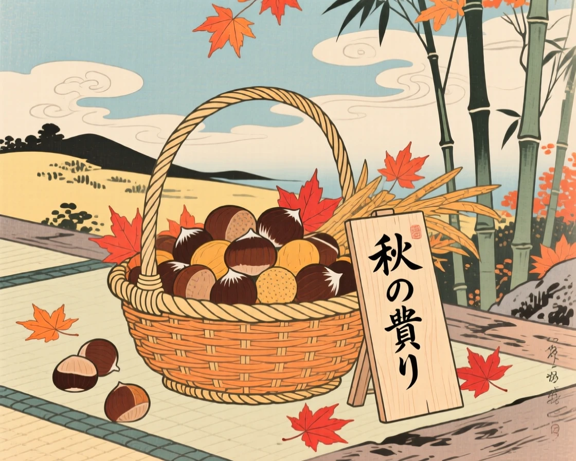 A woven basket of autumn chestnuts piled high for the autumn harvest.