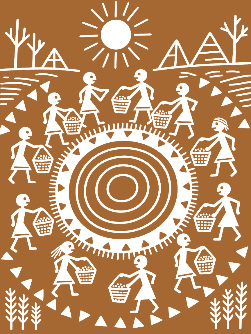 A composition centered on a village threshing circle surrounded by farmers carrying baskets of grain.