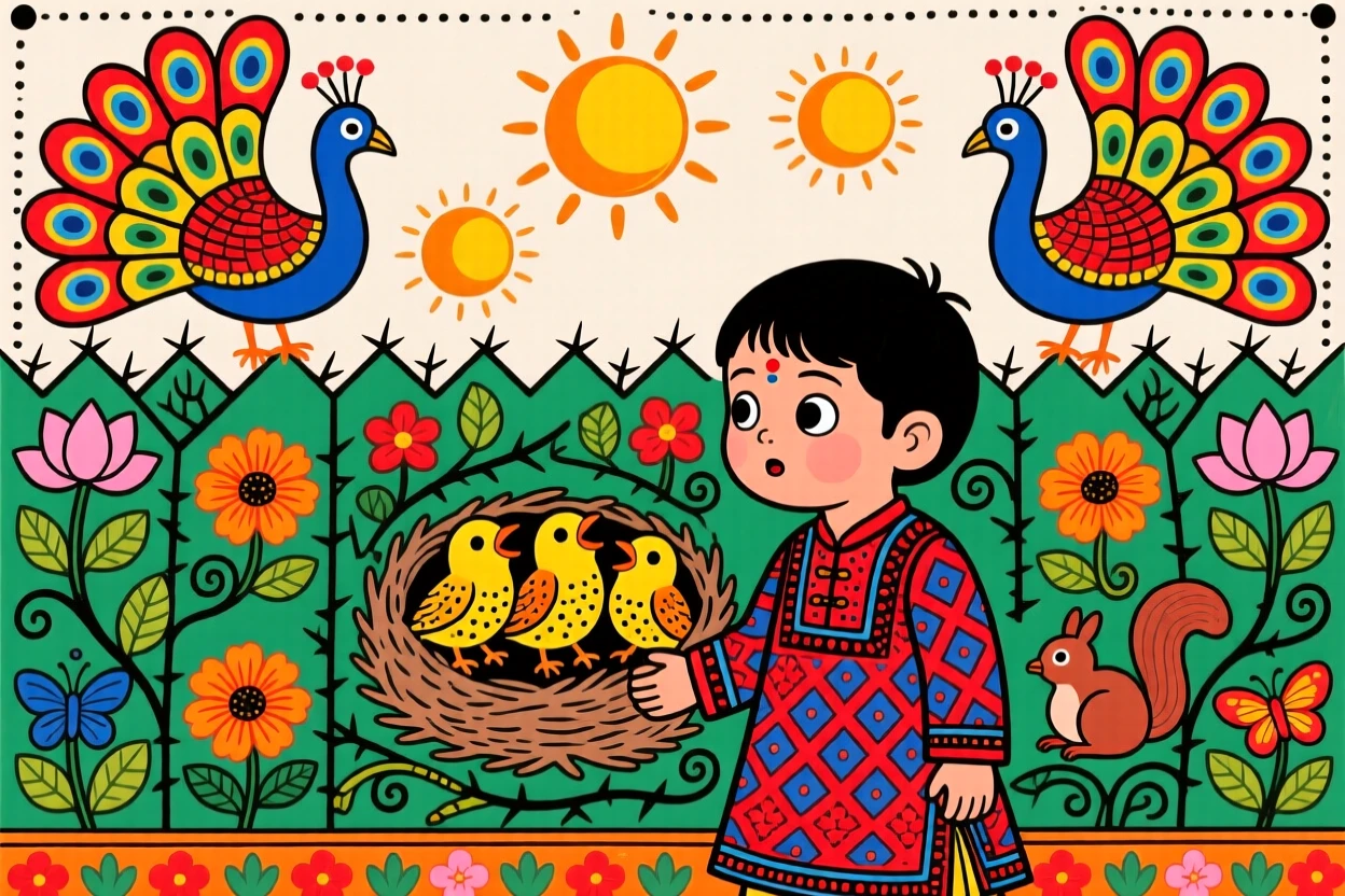A child discovering a nest of baby birds in a garden hedge.