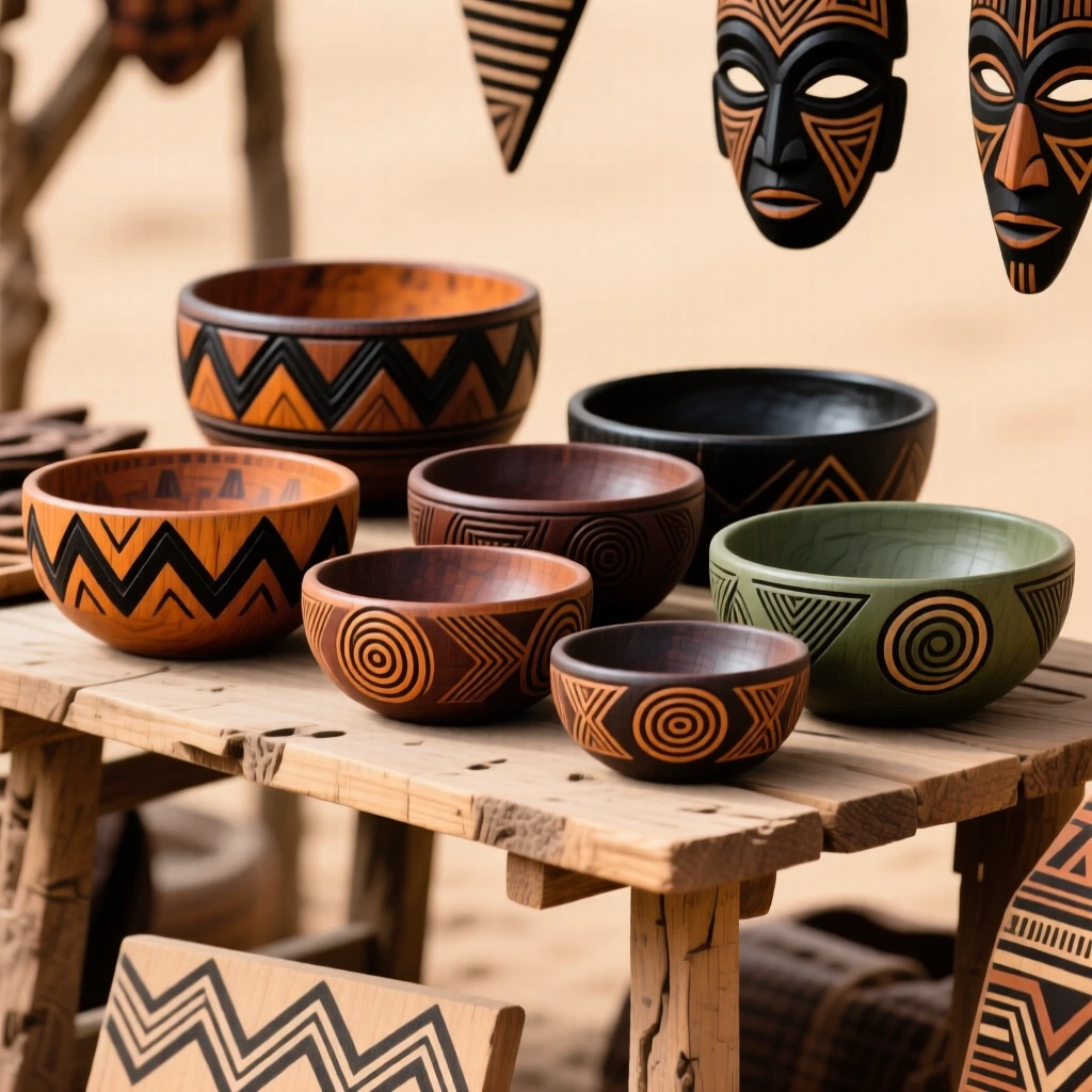 A set of hand-carved wooden bowls displayed proudly at a craft stall.