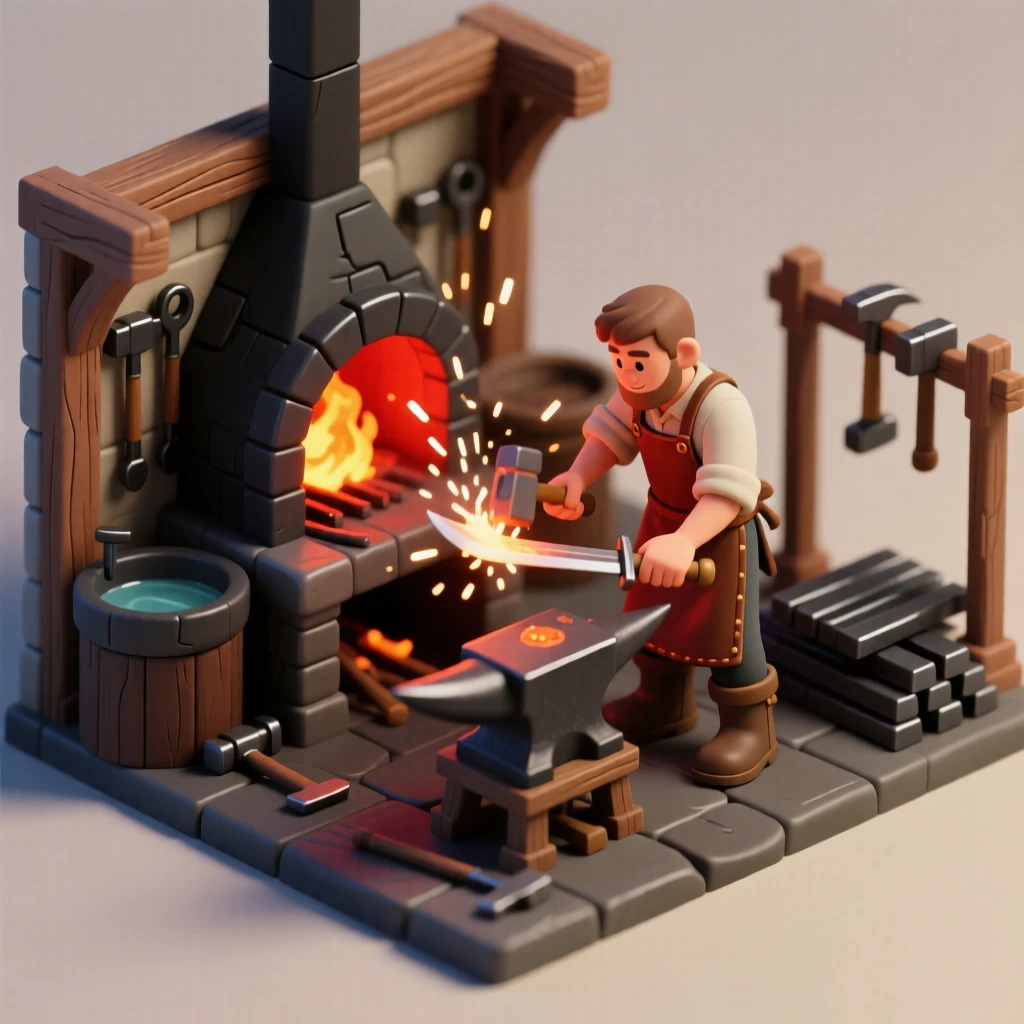 A medieval blacksmith forge glowing with molten metal, a smith hammering a sword blade as sparks fly upward.