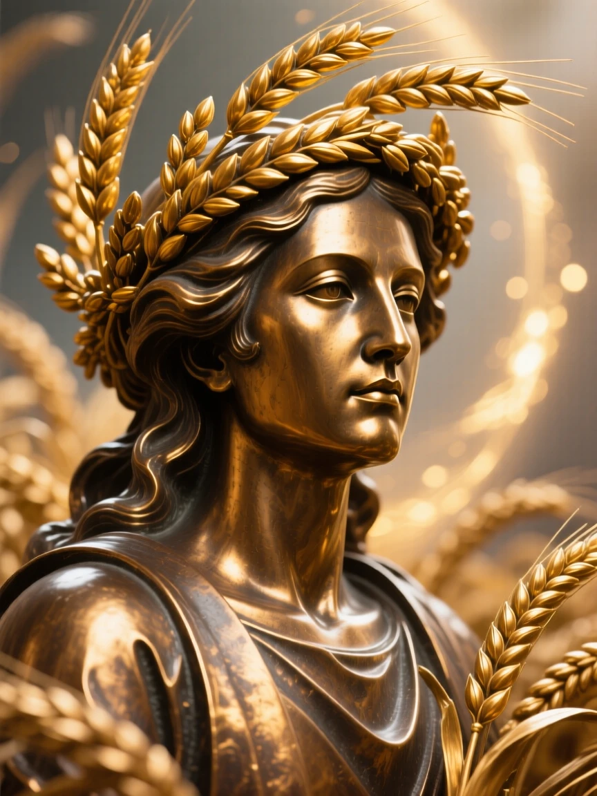 A spirit of the harvest crowned with golden wheat, bathed in ethereal, otherworldly glow, radiating awe and grandeur