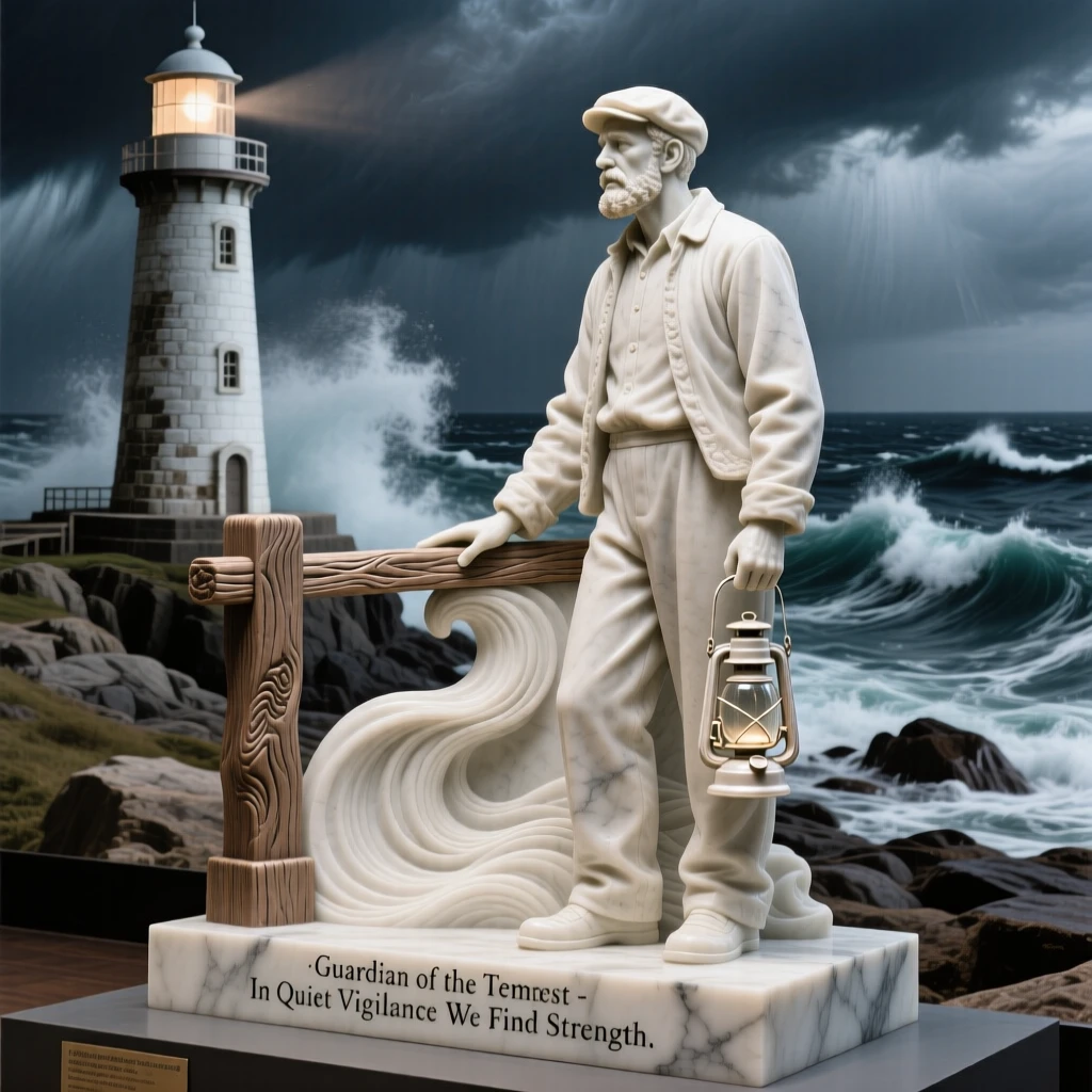 A vivid, emotionally rich scene of a lighthouse keeper watching over a stormy sea, in a moment of quiet stillness, designed to captivate and inspire