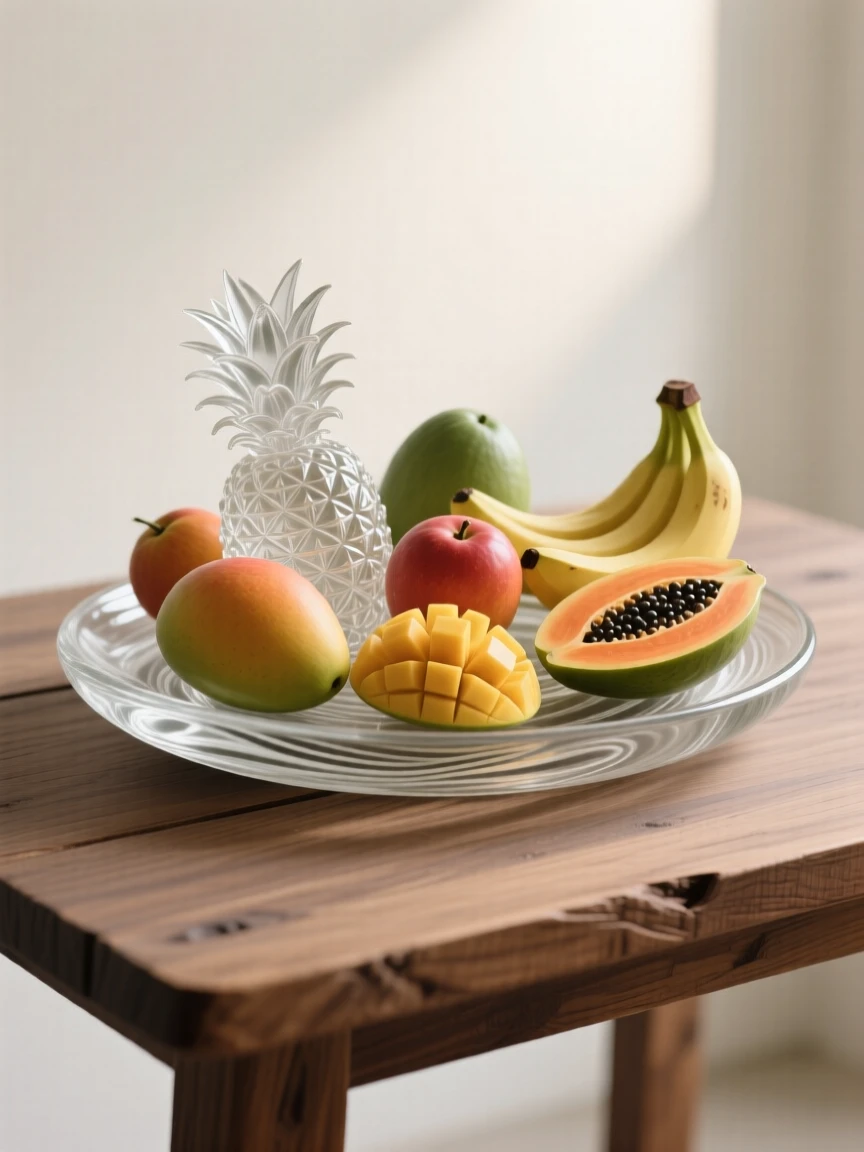 On a rustic wooden table set for breakfast, a spread of tropical fruit arranged on a wooden platter
