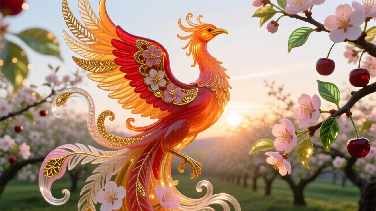 A grand phoenix rising above a blossoming cherry orchard at the very first light of sunrise, transformative and radiant.