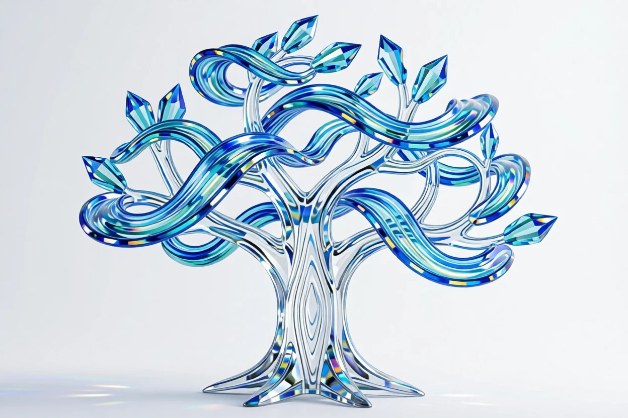 A dreamlike tree with branches made of flowing rivers instead of wood.