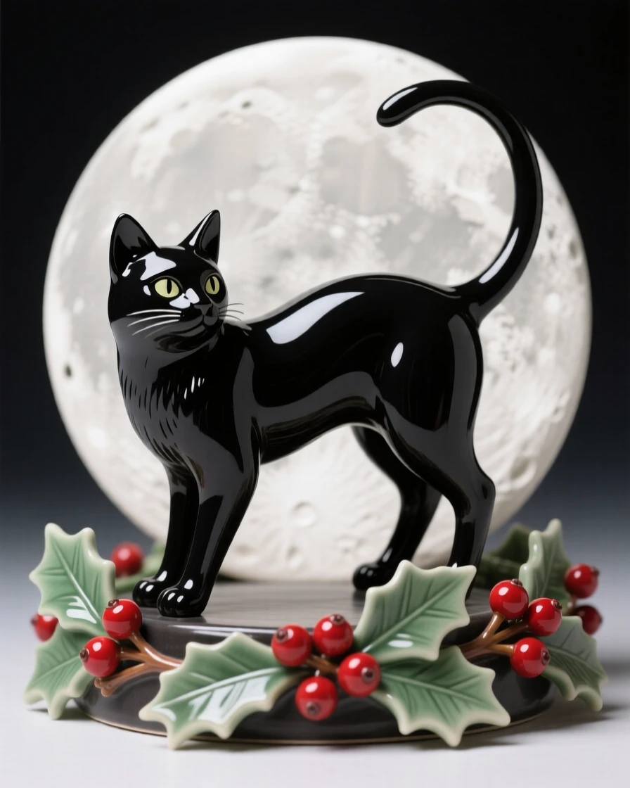 A spooky black cat arching beneath a full moon arranged as a festive centerpiece, accented with seasonal berries and greenery, radiating cheerful holiday spirit.