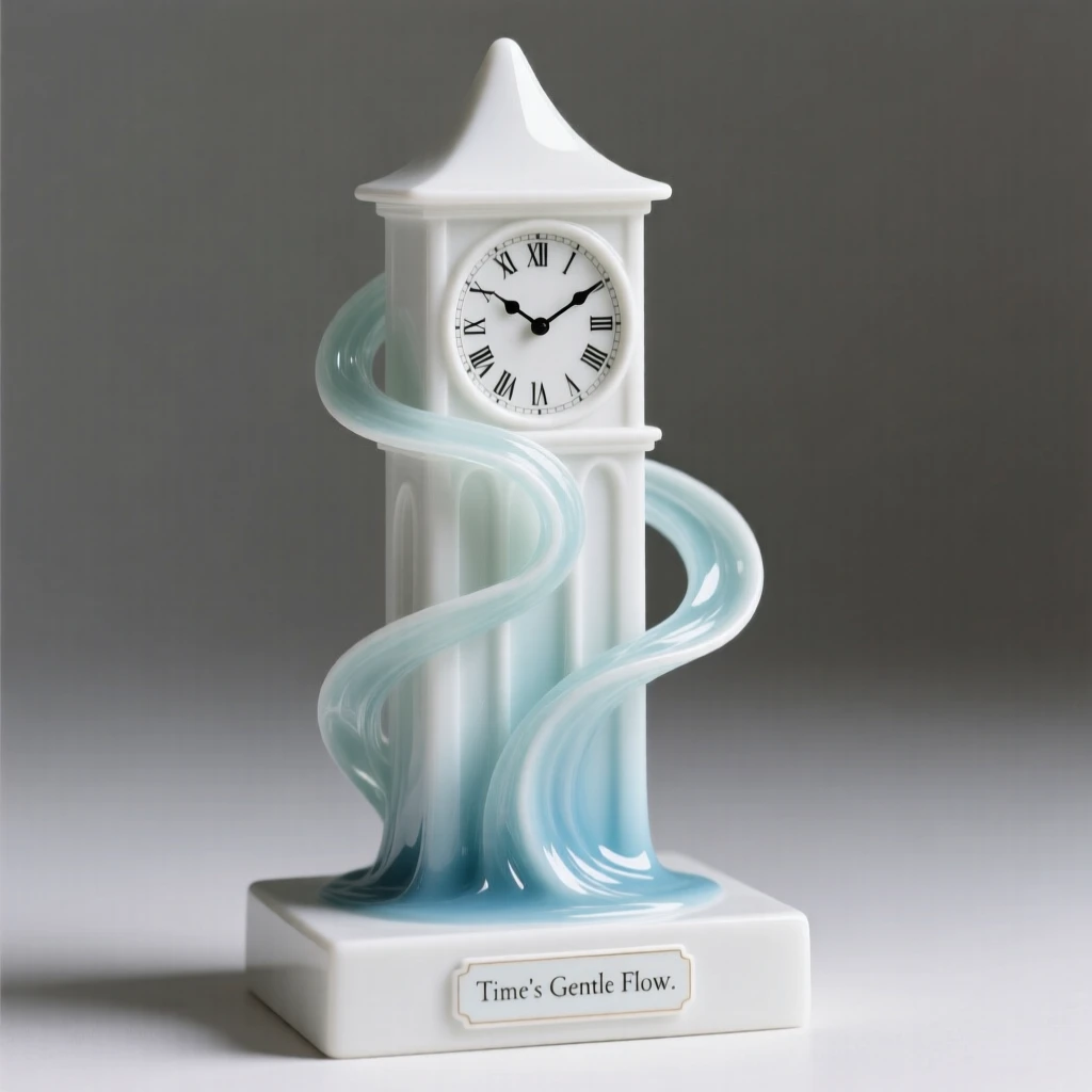 An imaginative vision of a clocktower where time visibly flows like water, rendered with a sense of calm, magical realism.