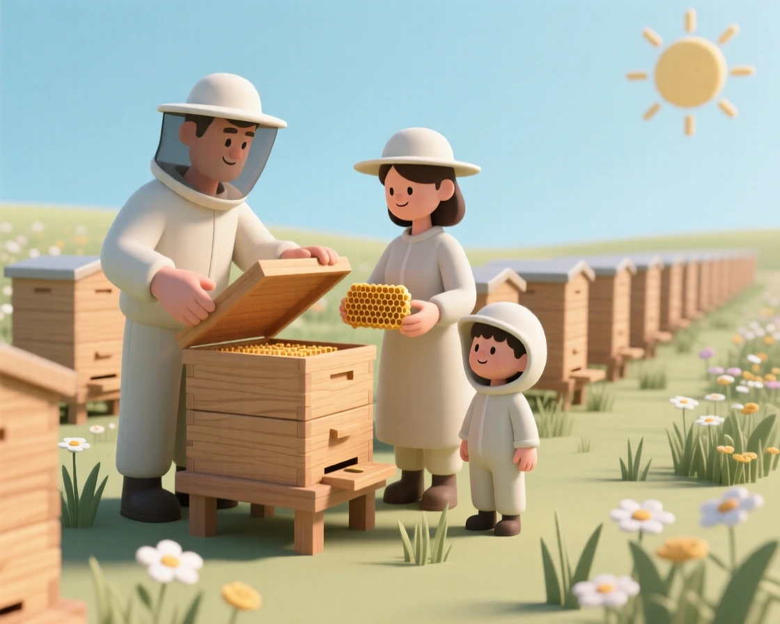 A proud beekeeper family tends rows of wooden hives together in a sunny wildflower meadow.