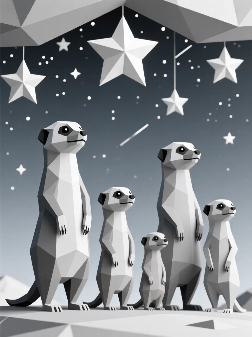 A family of meerkats standing alert on their hind legs, beneath a canopy of stars. delicate detail is visible in the fur and eyes. The scene feels calm and majestic.