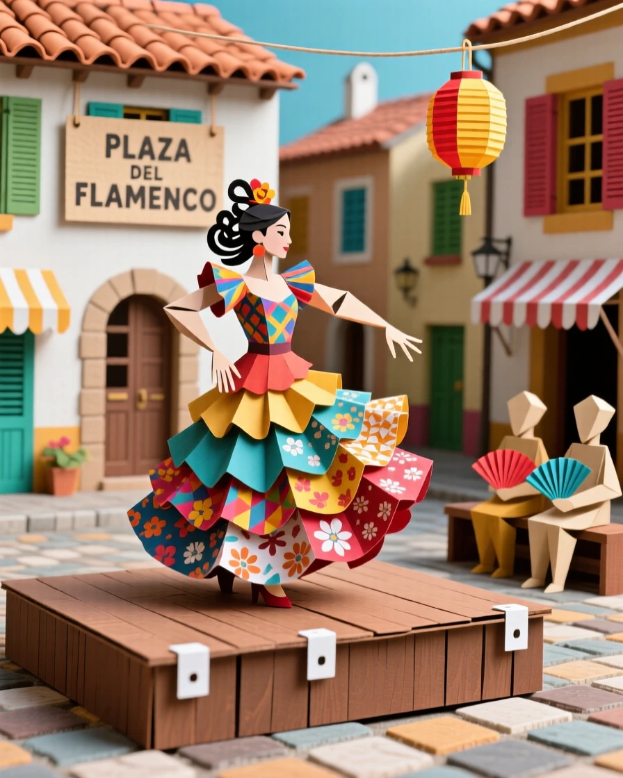 A vibrant flamenco performance celebrated in a lively village square, with intricate patterns catching the eye, conveying mindful ritual and tradition.