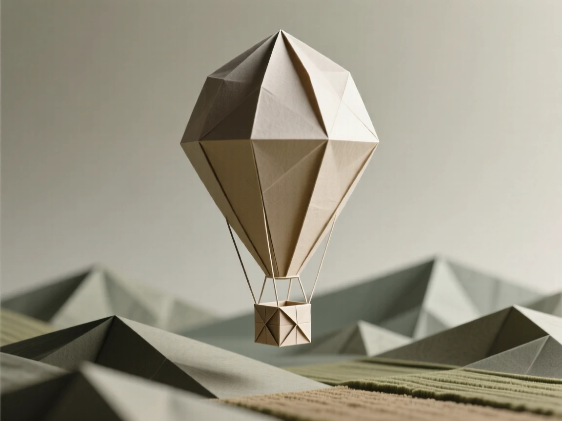 A hot air balloon shaped like a giant teardrop drifting above a quiet valley.