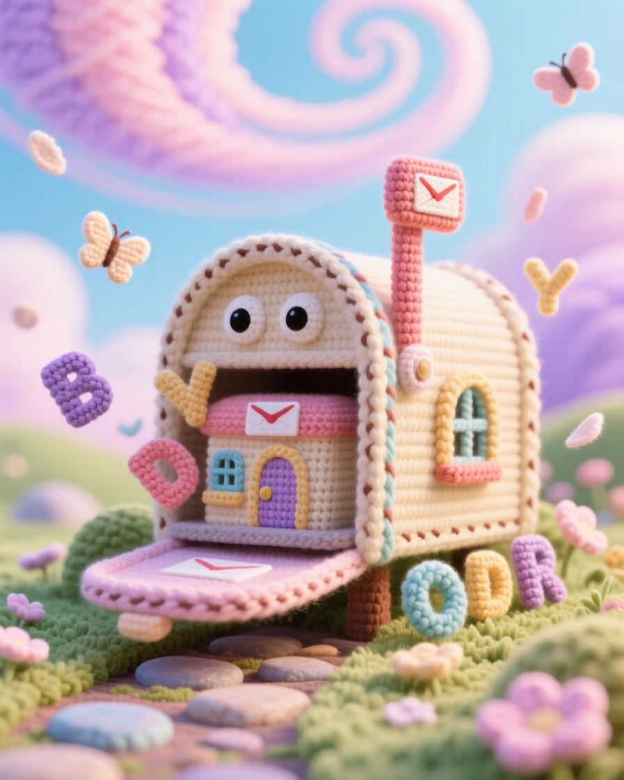 a tiny post office built inside a giant mailbox, with tiny letters fluttering out, is shown nestled along a quiet garden path, beneath a swirling pastel sky, surrounded by a trail of soft floating petals, radiating gentle magical wonder.