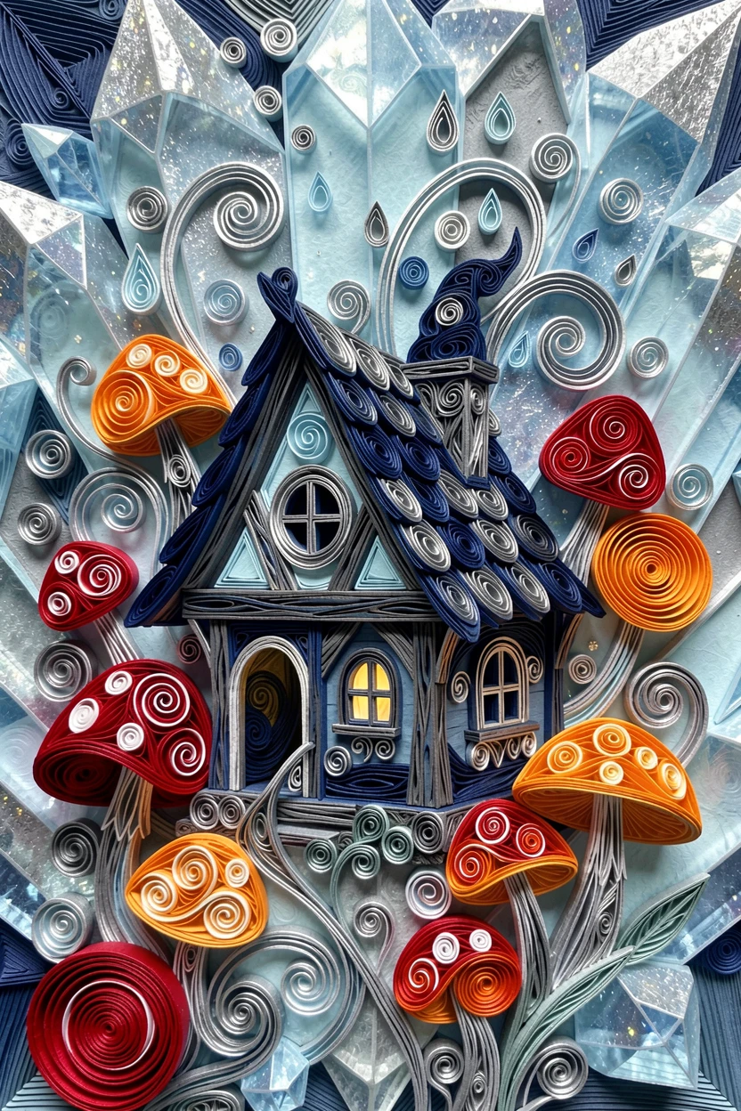 A magical fantasy scene of a witch's cottage nestled among glowing toadstools within a crystal grotto glowing from within, in deep midnight blues accented with silver, composed with swirling magical particles filling the air.