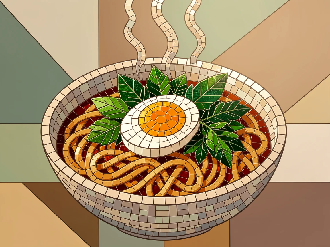 A close-up gourmet food photograph of a steaming bowl of ramen topped with a soft egg and fresh herbs, with rich color and inviting texture.