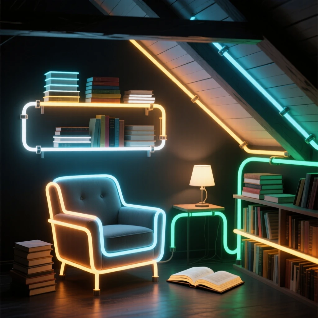 A cozy attic reading room with slanted beams and stacks of books.