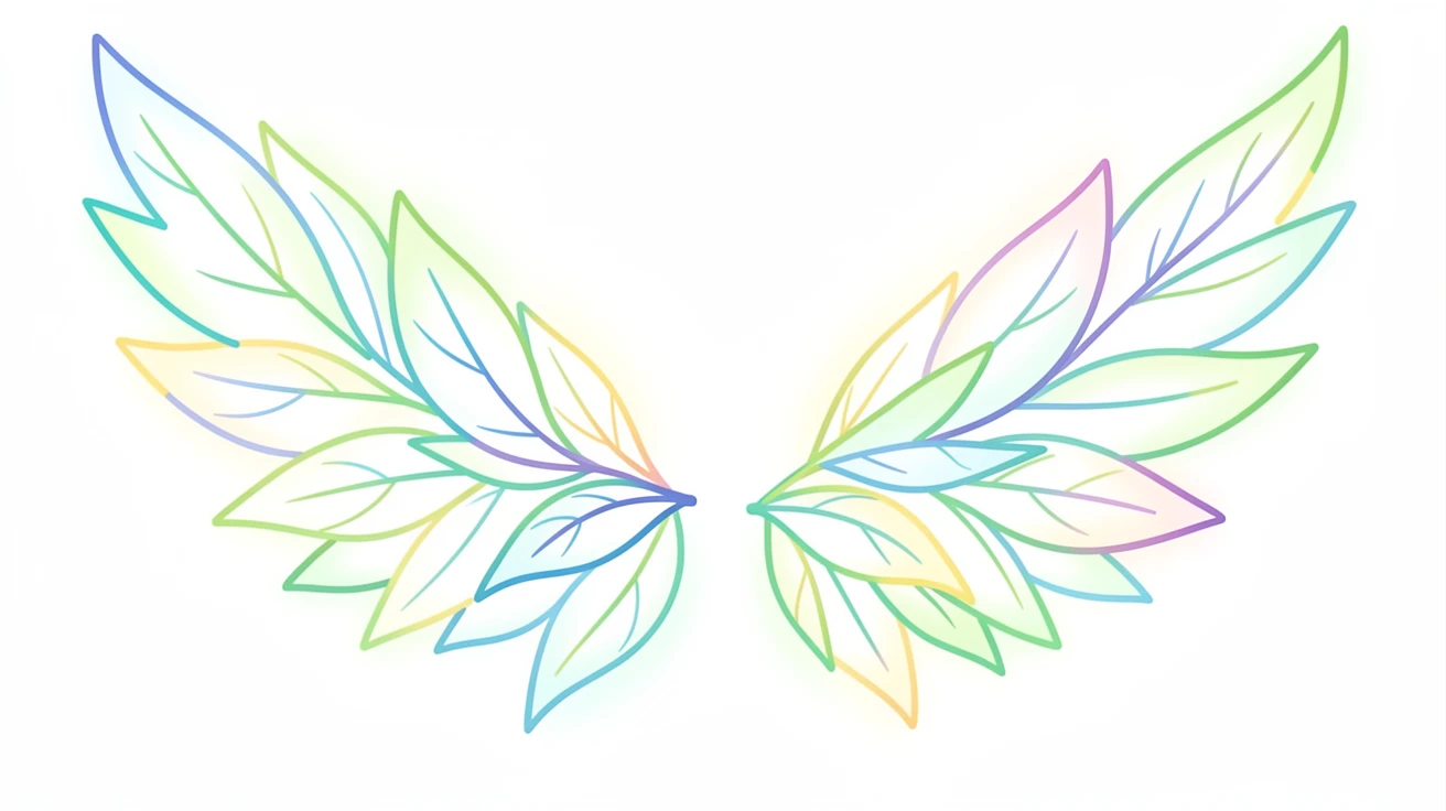 A pair of wings crafted from delicate glowing leaves unfurling in light.