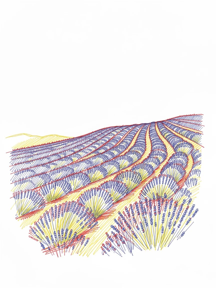 A hillside covered entirely in blooming purple lavender rows