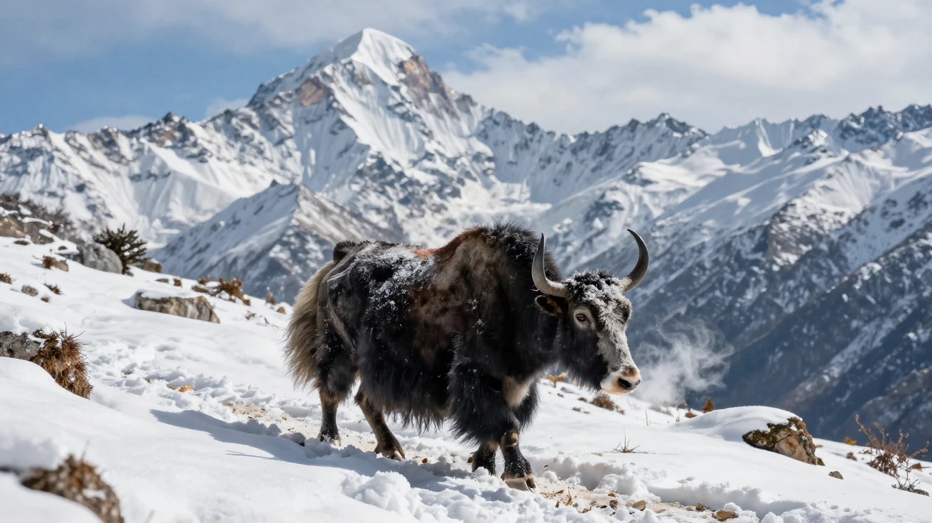 A yak trekking through a snowy Himalayan pass