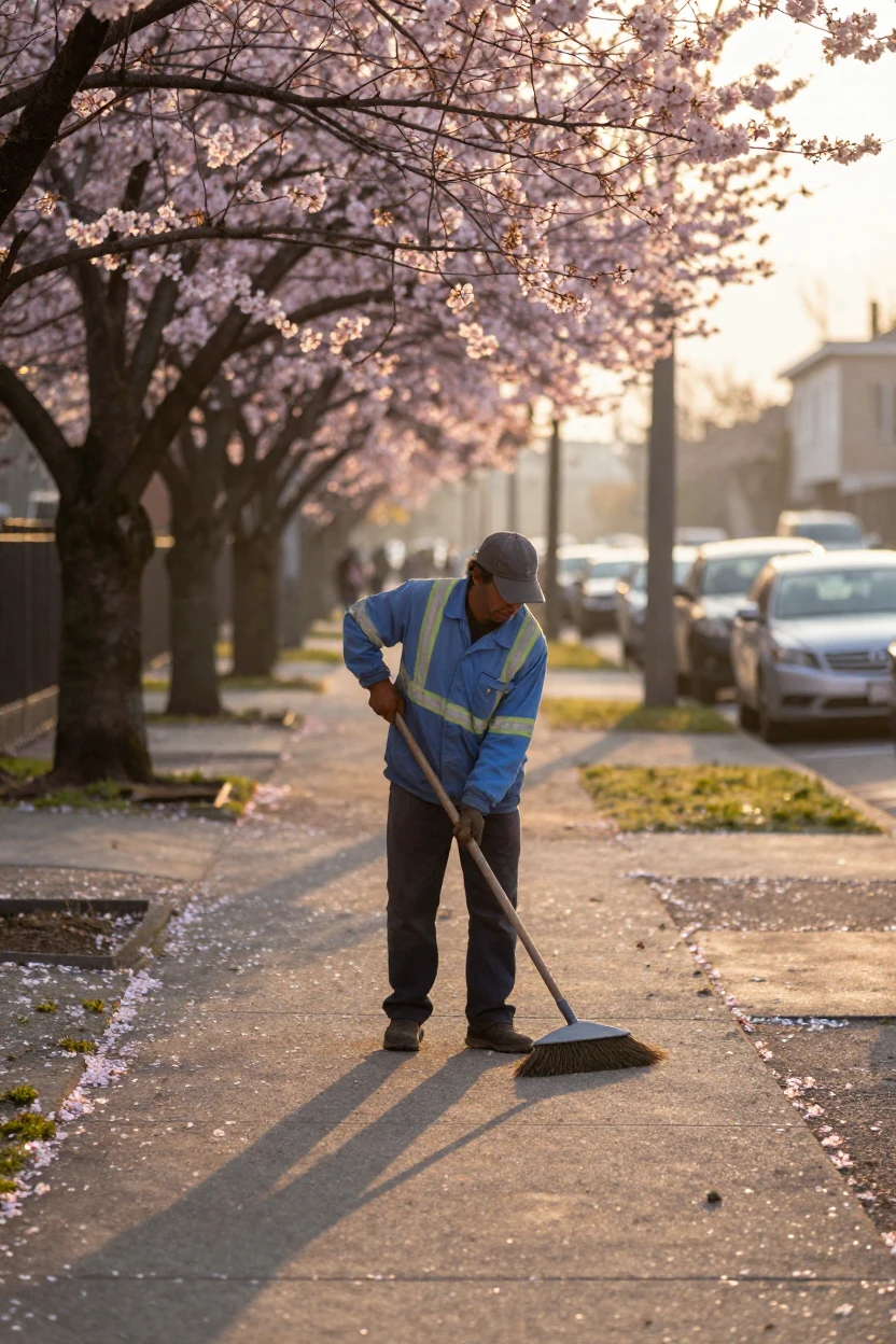 A street sweeper clears fallen cherry blossoms from a quiet city sidewalk at dawn.
