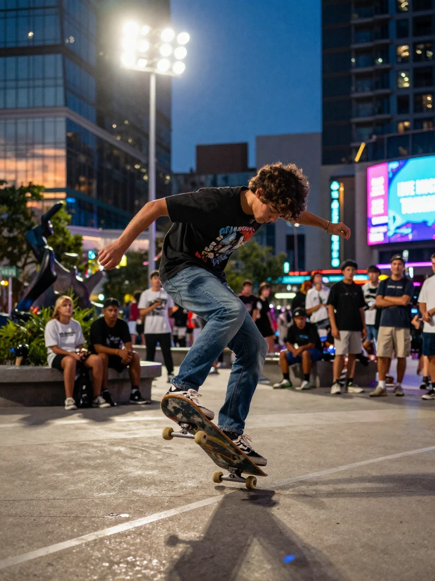 A skateboarder practicing under the glow of stadium lights in a crowded city plaza