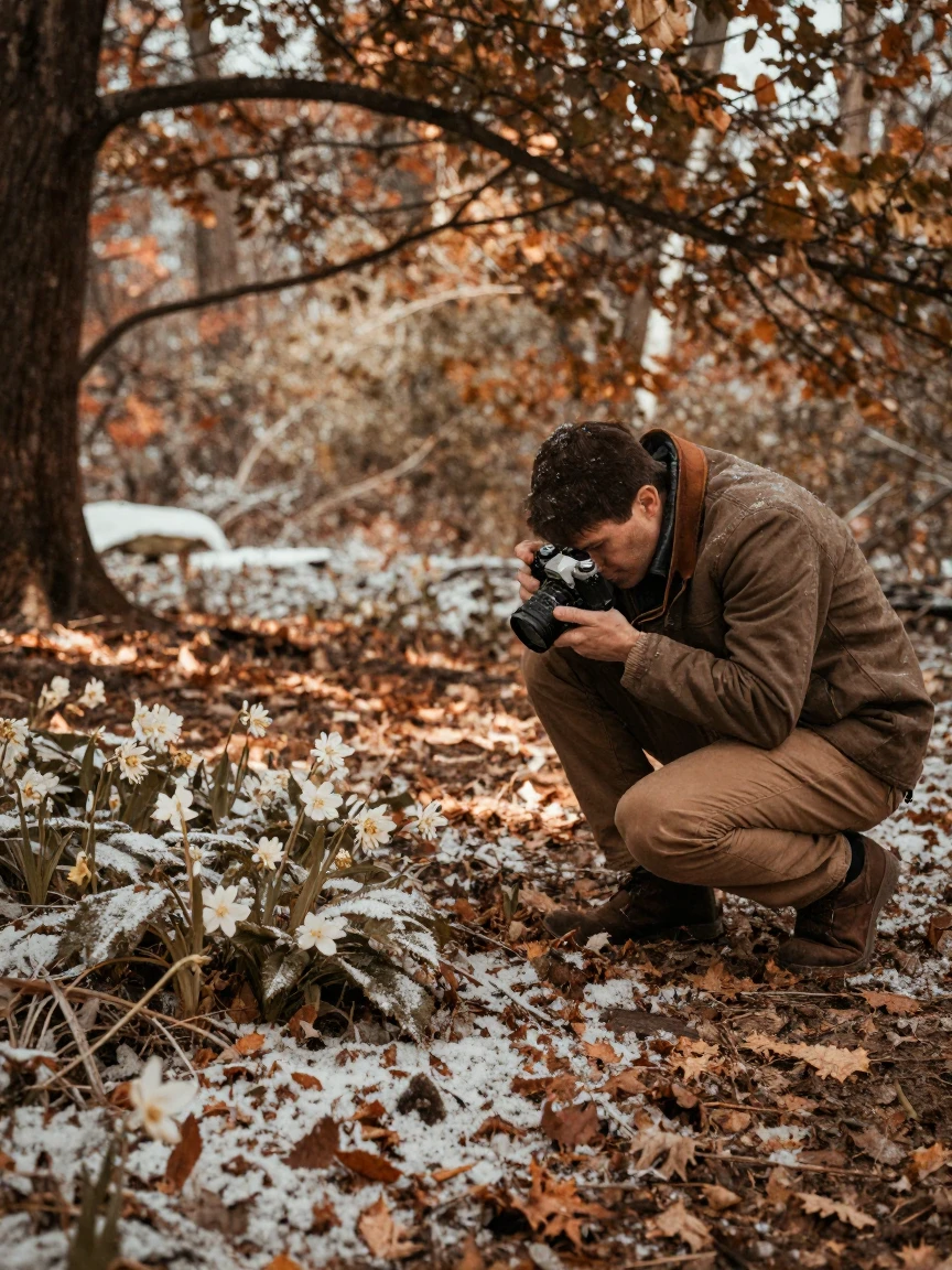 A photographer crouched low to capture a wildflower close-up, in dappled light filtering through leaves, in still, windless air, under the first snow of winter, in earthy terracotta and ochre shades, from a wide establishing view.