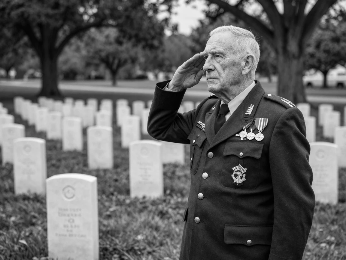 A World War II veteran salutes at a solemn memorial before rows of white headstones.