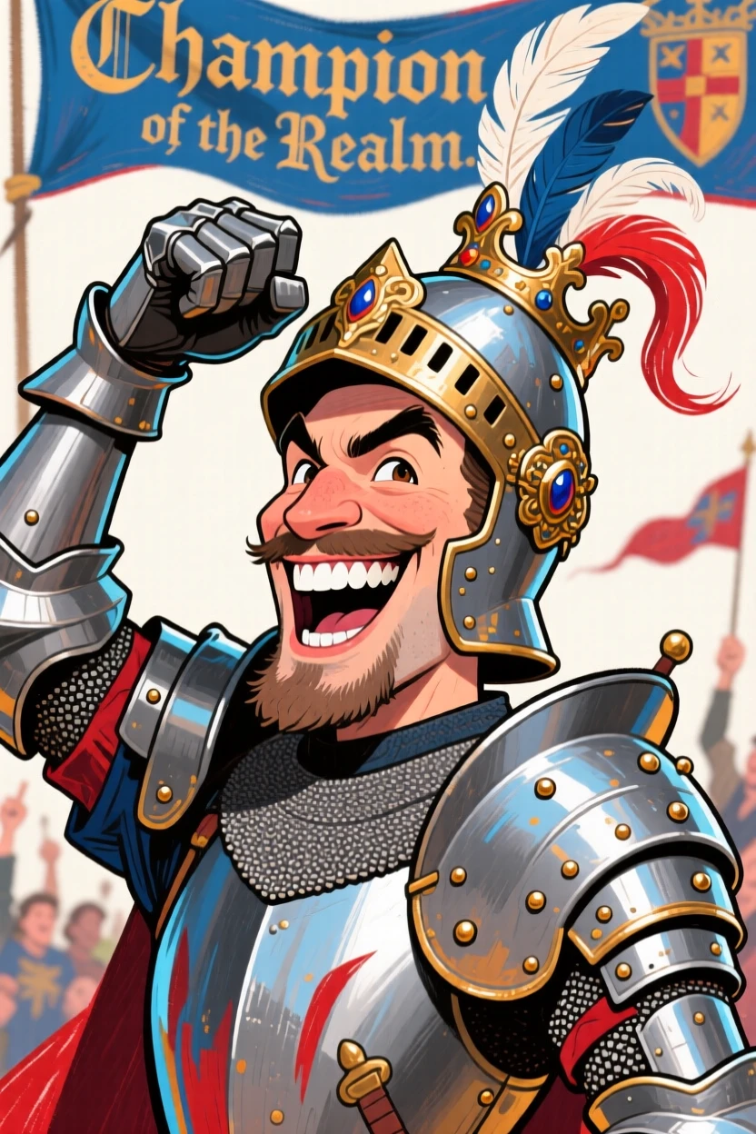 A royal knight tournament champion lifting his visor to reveal a triumphant grin.