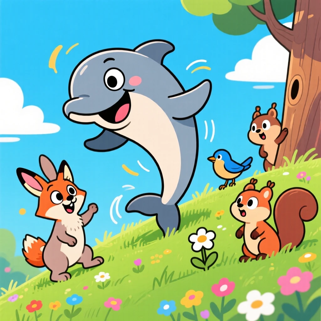 A charming animal moment featuring a playful dolphin tumbling playfully down a grassy hill, surrounded by curious onlooking animals.