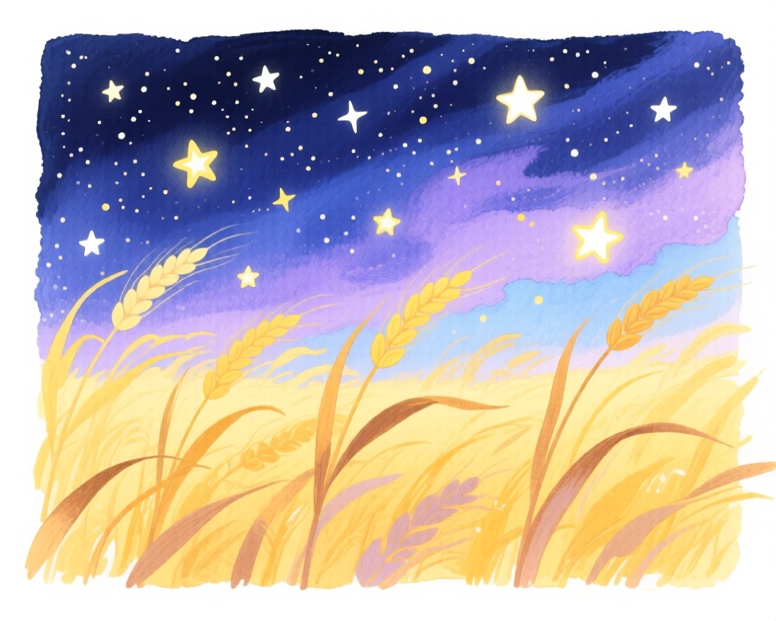 A serene landscape of a golden wheat field swaying under a dramatic sky under a blanket of stars