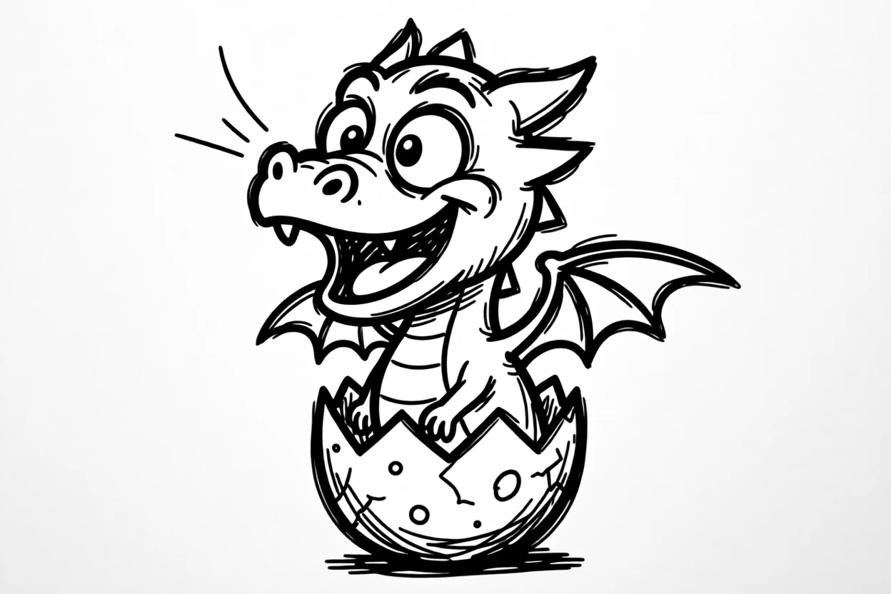 A baby dragon hatching from a speckled egg, tiny wings unfurling for the first time.