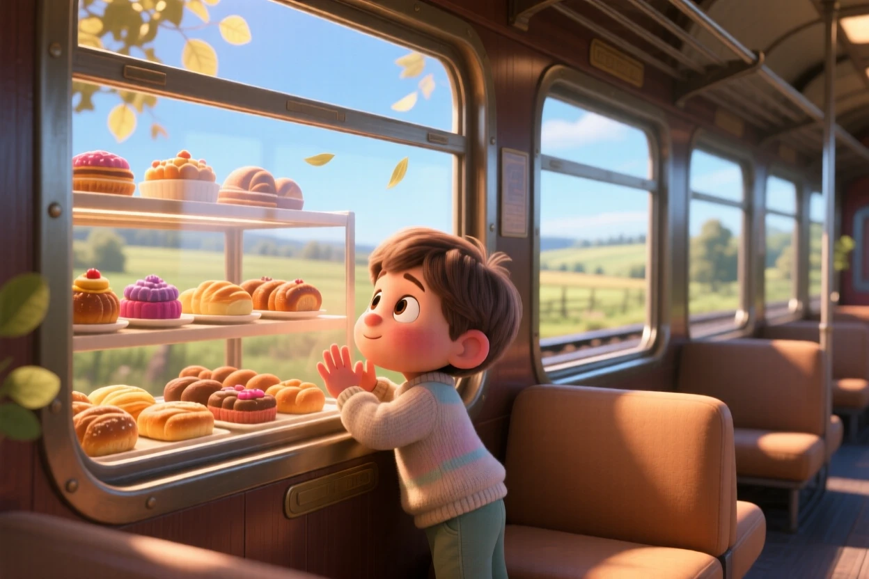 A child pressing their nose against a bakery window is captured inside a sunlit train car rolling past the countryside, with a light breeze stirring nearby leaves. The mood is calm, familiar, and quietly delightful.