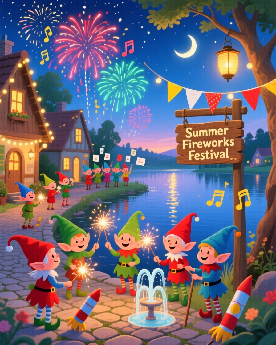 A group of cheerful elves spend the evening lighting fireworks over a summer lake in a festive village street, while soft carols play in the background.