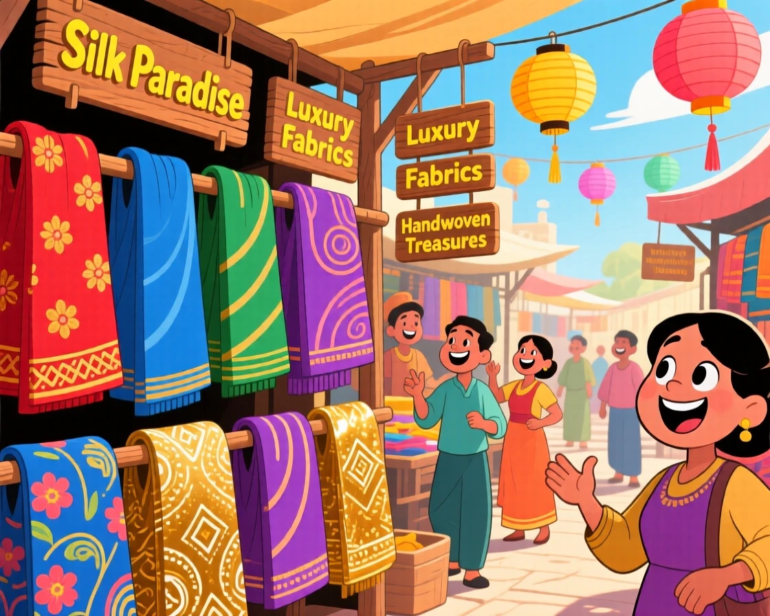 A silk market with bolts of vibrant fabric hanging in rows.