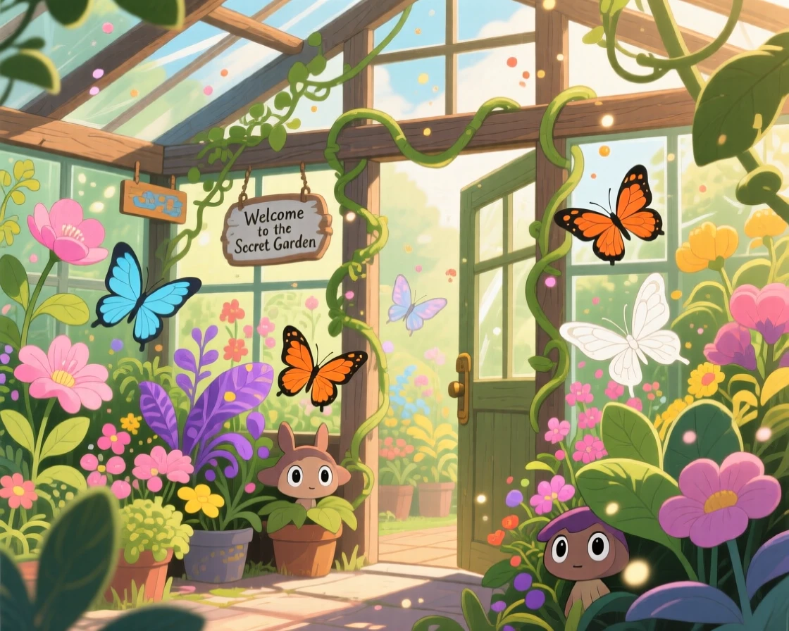 A greenhouse overflowing with exotic blooming plants, butterflies drifting between blossoms, creating a scene of quiet natural magic.