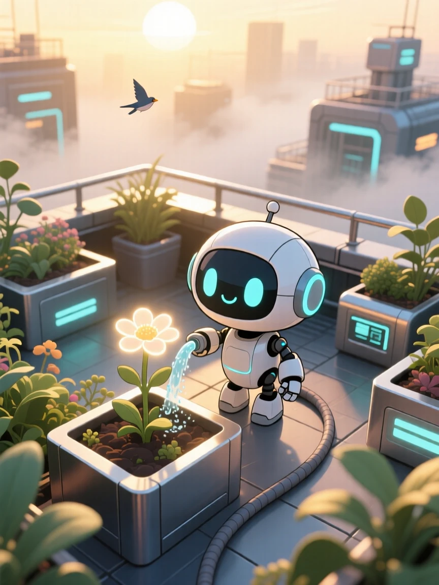 In a futuristic rooftop garden, a small round robot is watering a glowing flower with a tiny hose on a misty foggy morning, bathed in soft golden-hour sunlight, expression full of quiet contentment. Shot as a bird's-eye view.