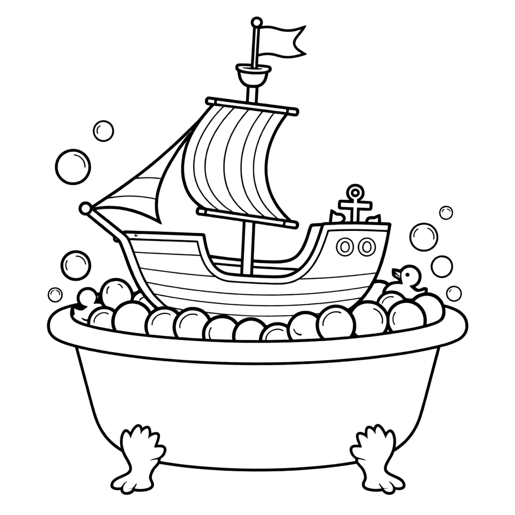 A toy pirate ship sailing in a bathtub full of bubbles