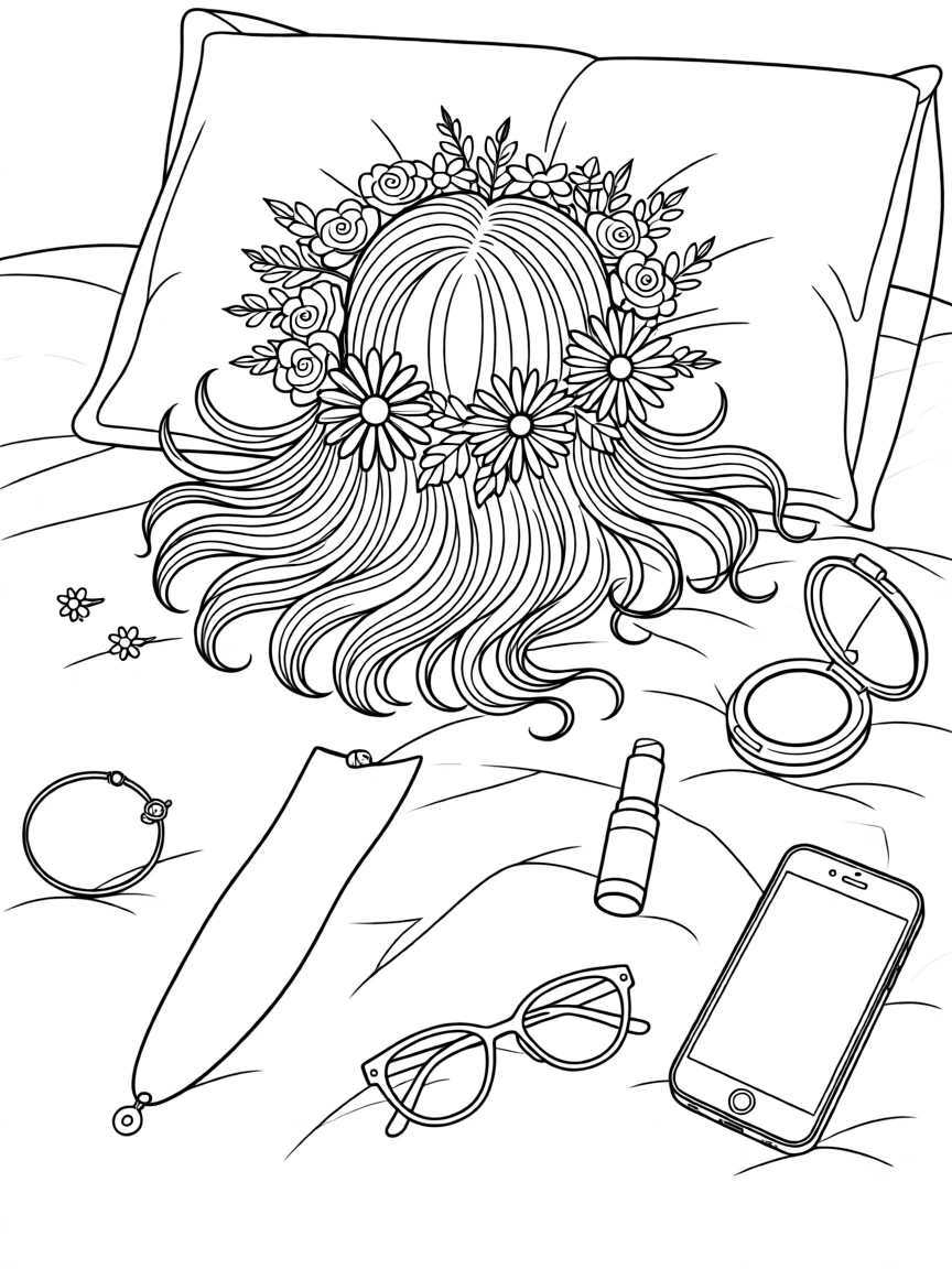 A flower crown resting atop a windswept hairstyle, laid out on a bed surrounded by scattered accessories.