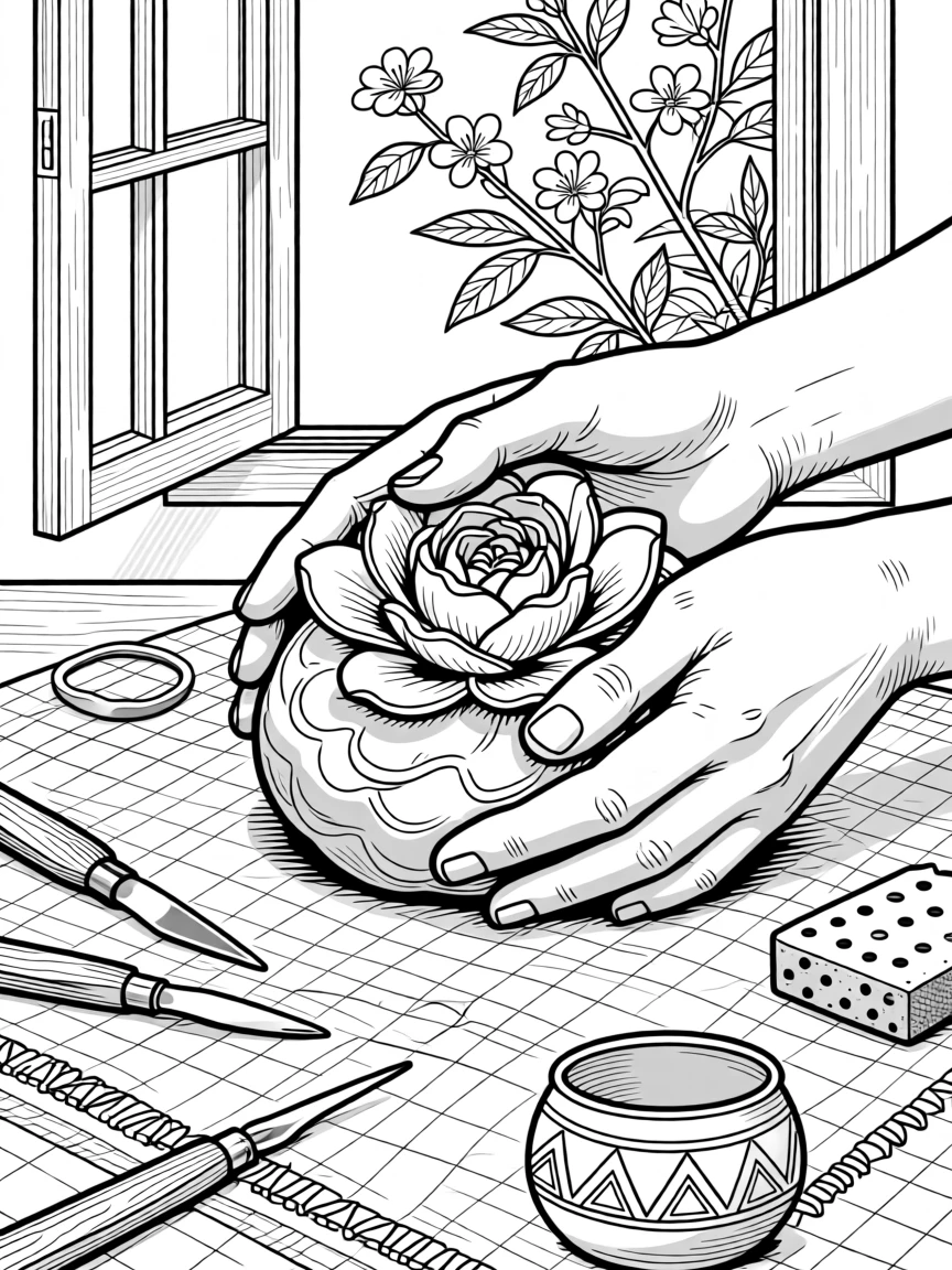 A pair of hands molding clay into the shape of a blooming flower.