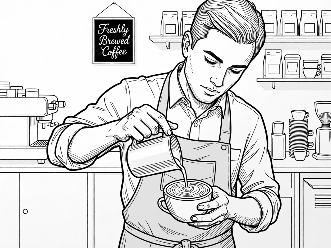 A barista crafting latte art in a busy coffee shop