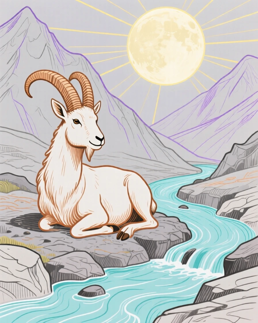 A mountain goat resting beside a mountain stream under a full moon.