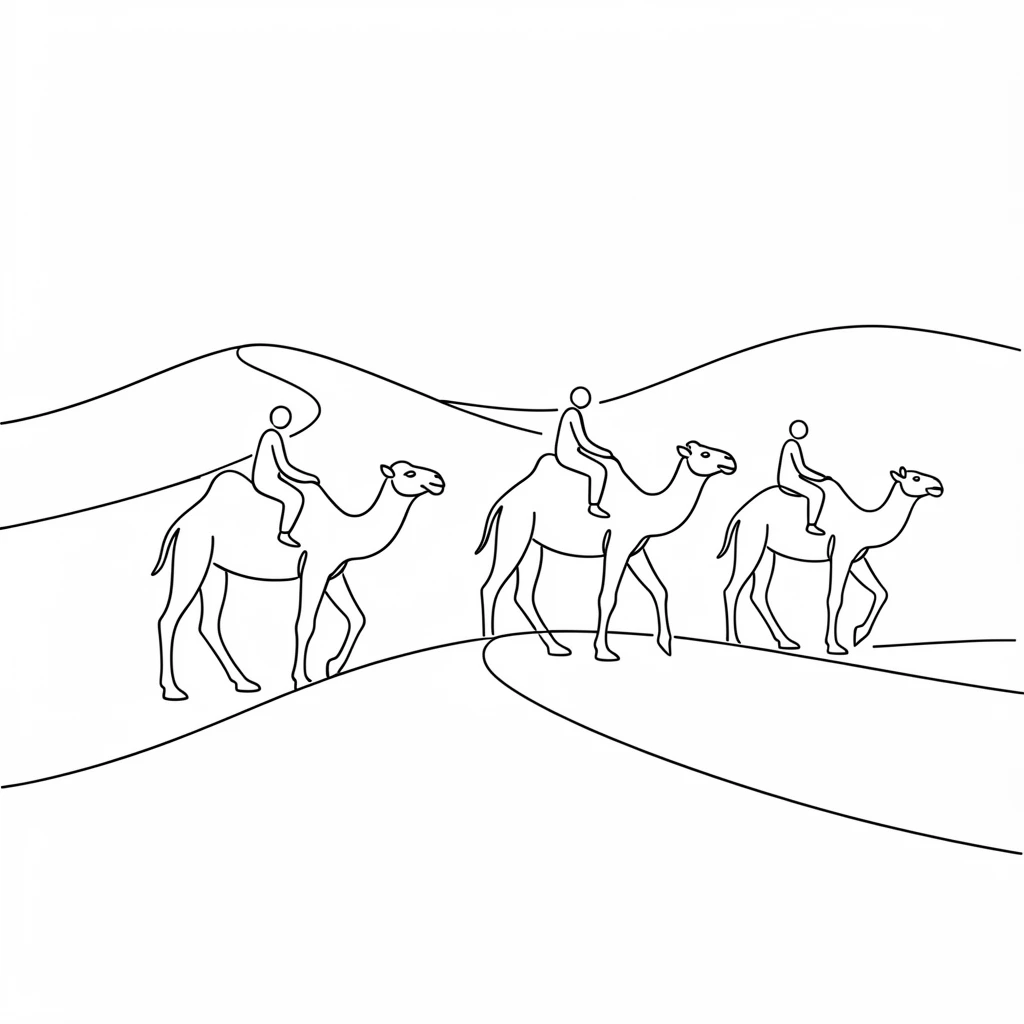 A group of travelers riding camels across a vast desert dune field