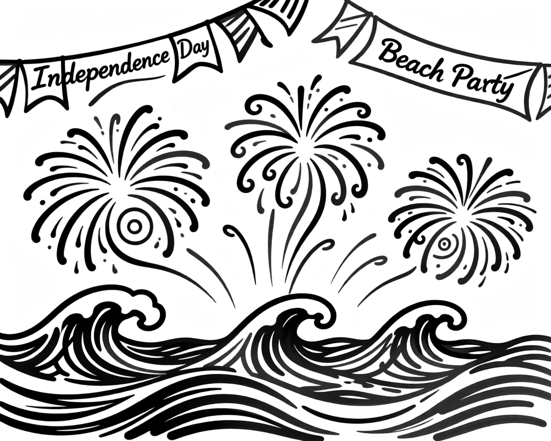 A summer Independence Day beach party with flags and fireworks.