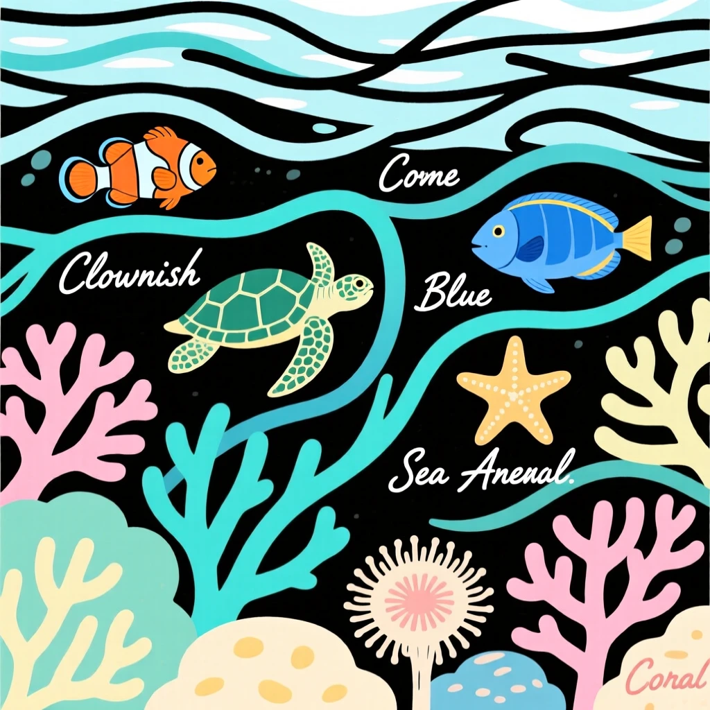 An illustration of a coral reef ecosystem with labeled marine species.