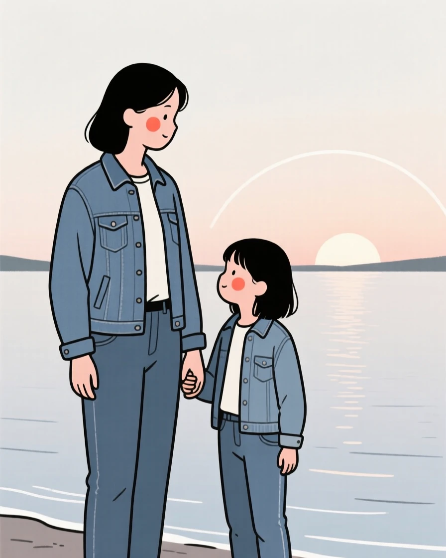 A mother and daughter in a denim jacket and jeans, beside a calm lake at sunrise.
